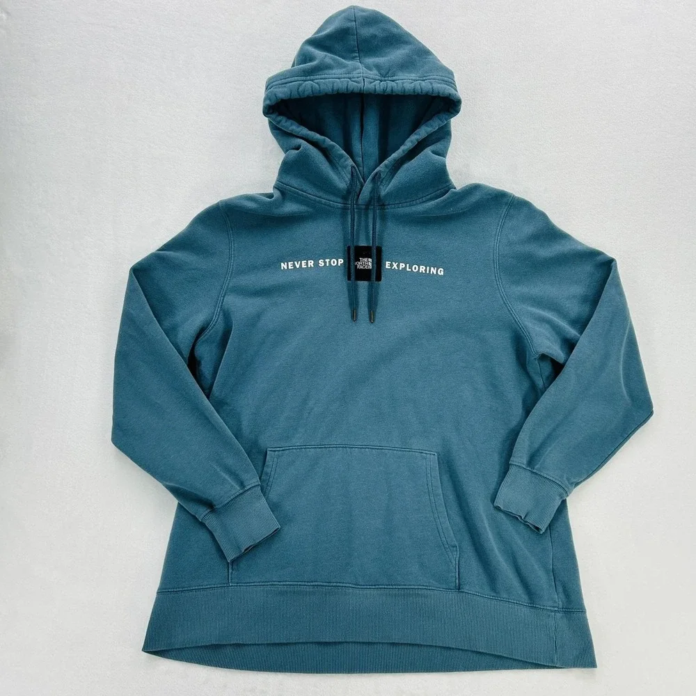 The North Face Hoodie Mens Large Blue Never Stop Exploring Pullover Fleece Logo